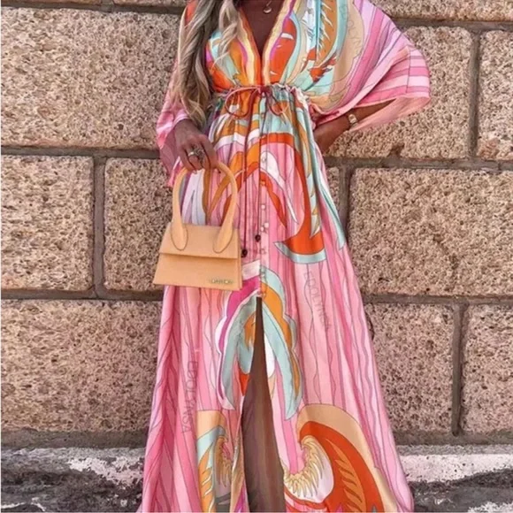 CLOSEOUT! FIRM 🌸 Gorgeous Multicolor Button Pattern Flowy Boho Resort Maxi - Picture 7 of 9